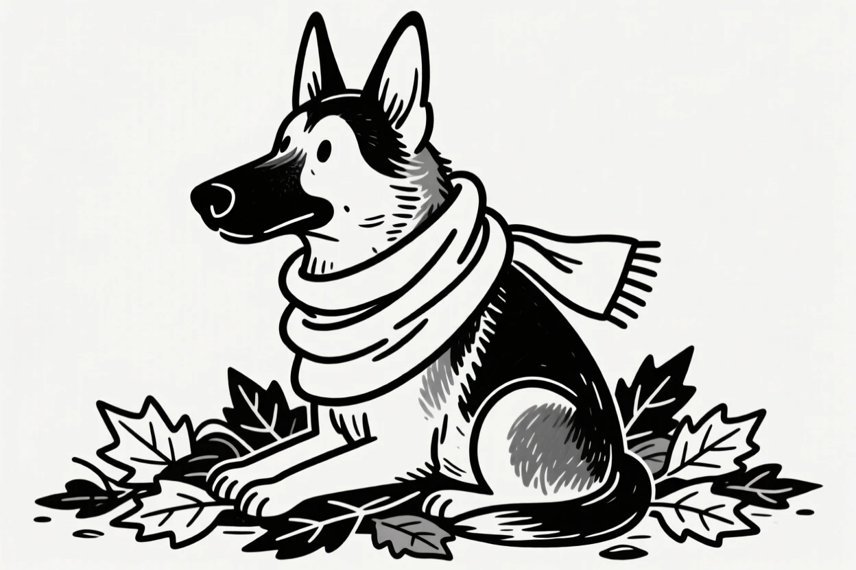 A german shepherd wrapped in a cozy scarf, sitting in a pile of autumn leaves.