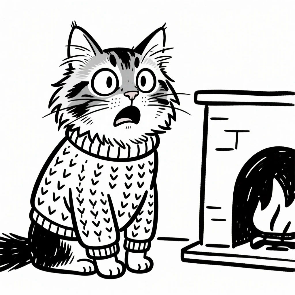 A maine coon cat wearing a knitted sweater, shivering dramatically by a fireplace.