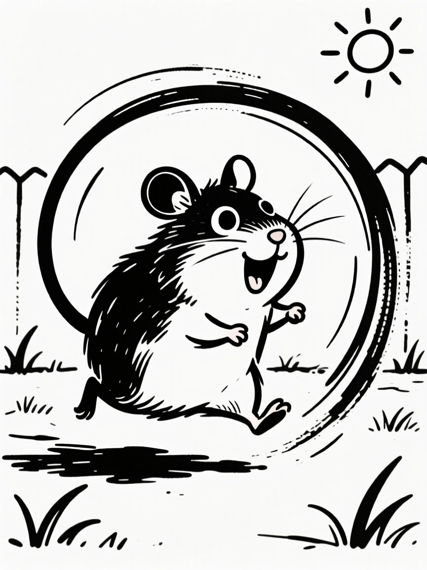 A hamster chasing its own tail in a sunny backyard, ears flopping mid-spin.