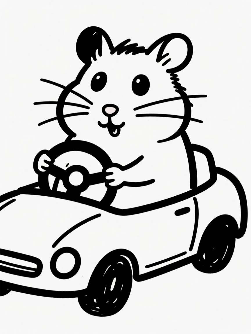 A hamster sitting in the driver's seat of a toy car, paws on the wheel.