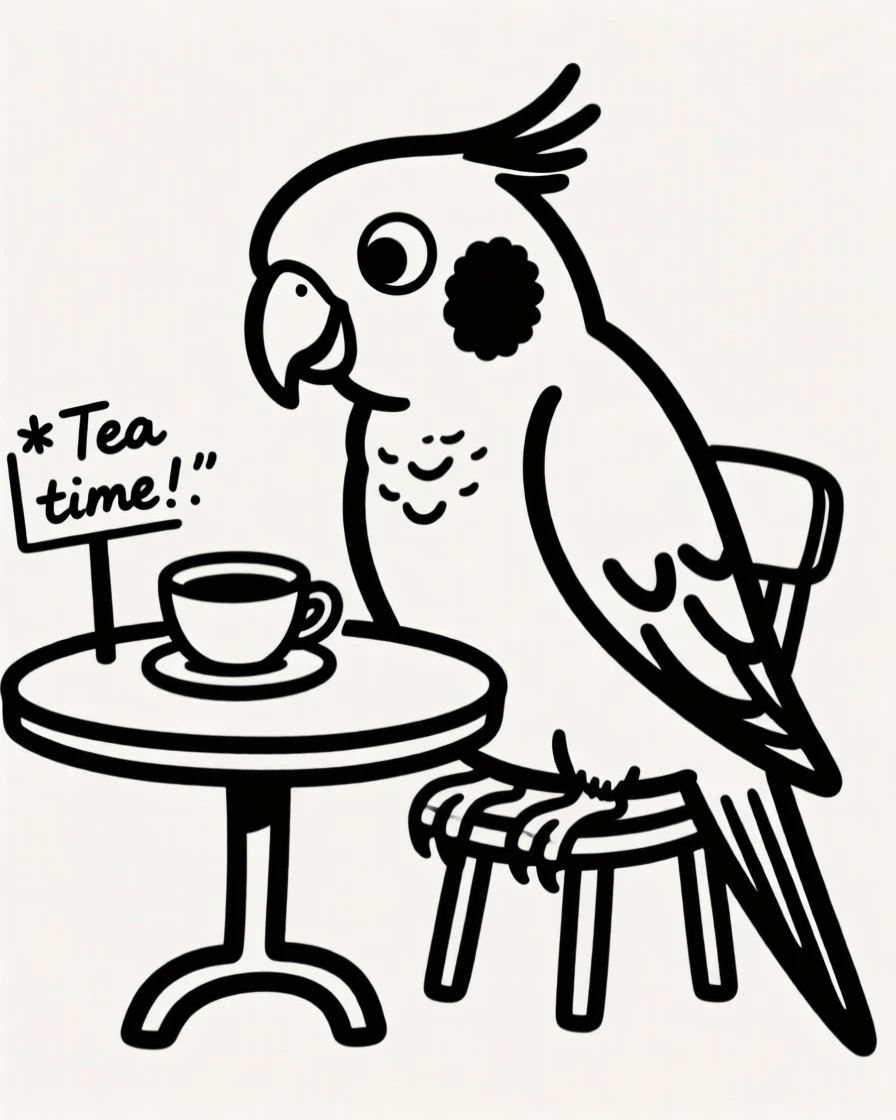 A parakeet sitting at a tiny table with a teacup, having a pretend tea party.
