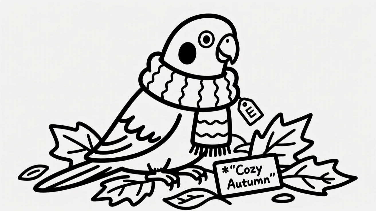 A parakeet wrapped in a cozy scarf, sitting in a pile of autumn leaves.