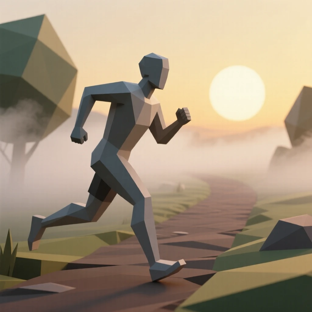 A runner sprinting through a misty morning trail, beneath a soft golden sunset. a shallow depth of field keeps focus on the subject's face. It captures a feeling of quiet triumph.