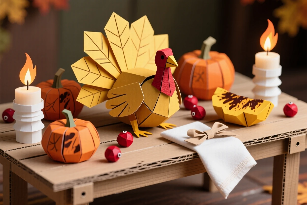 A rustic autumn harvest table spread with roasted squash, cranberries, and a golden turkey centerpiece, candlelight glowing warmly, evoking festive gathering.