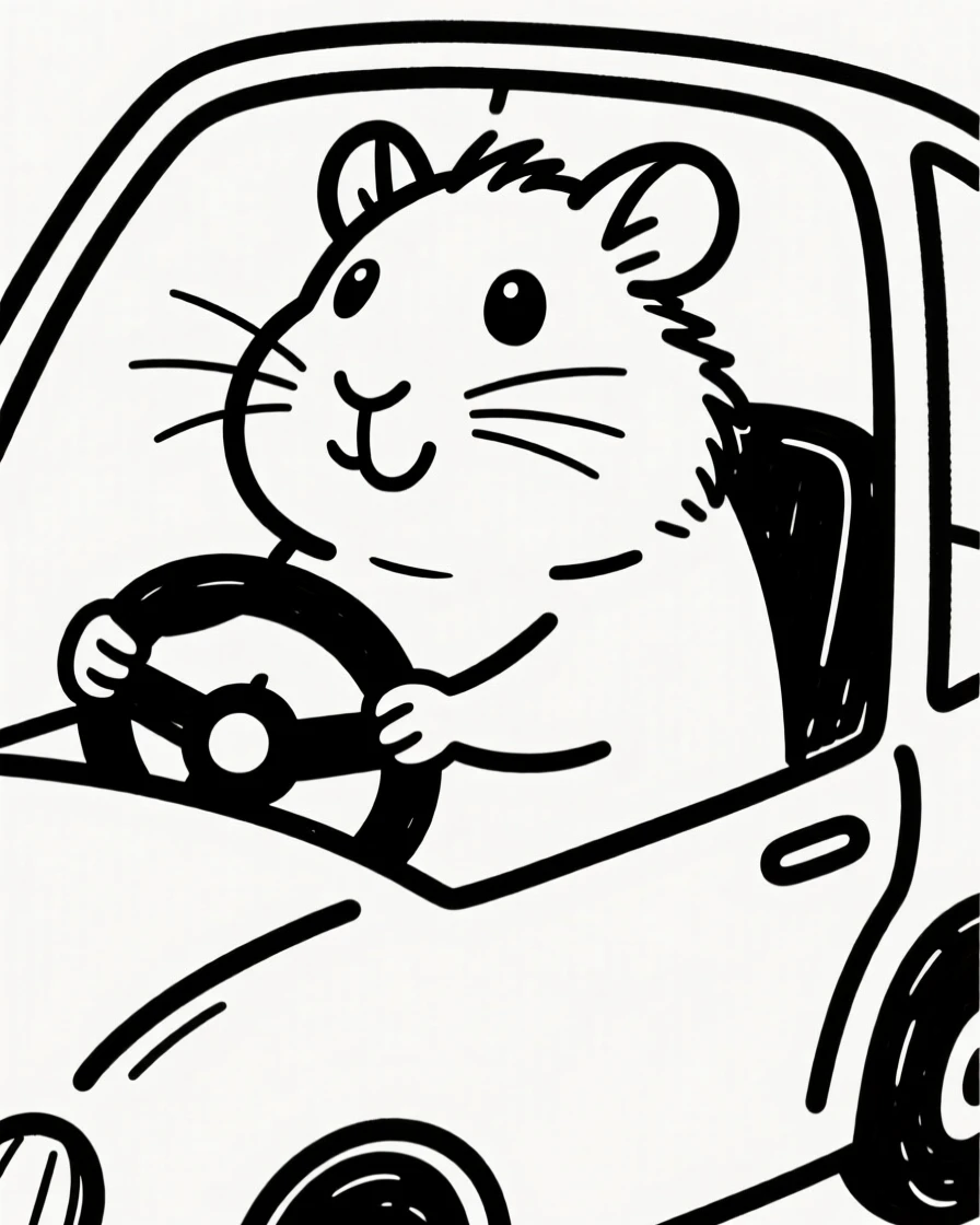 A guinea pig sitting in the driver's seat of a toy car, paws on the wheel.