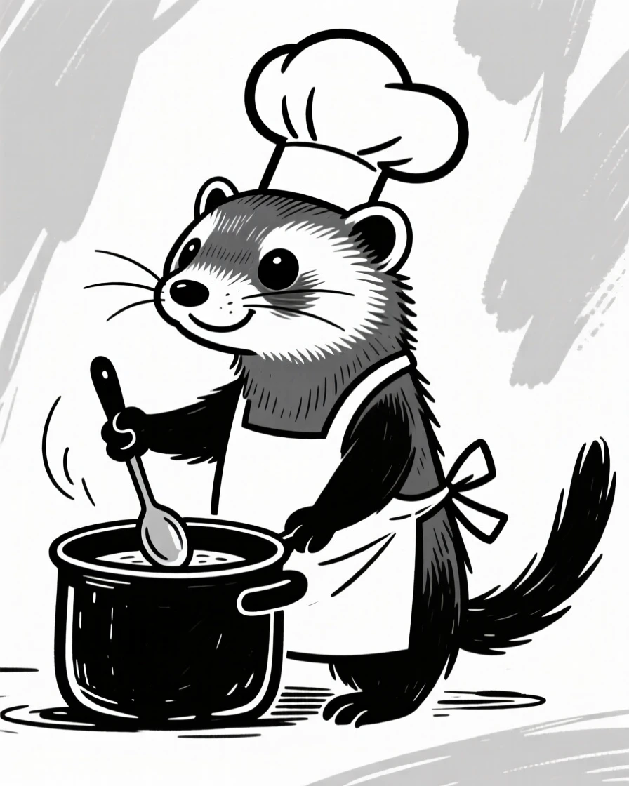 A ferret dressed as a tiny chef with an apron and hat, stirring a pot.