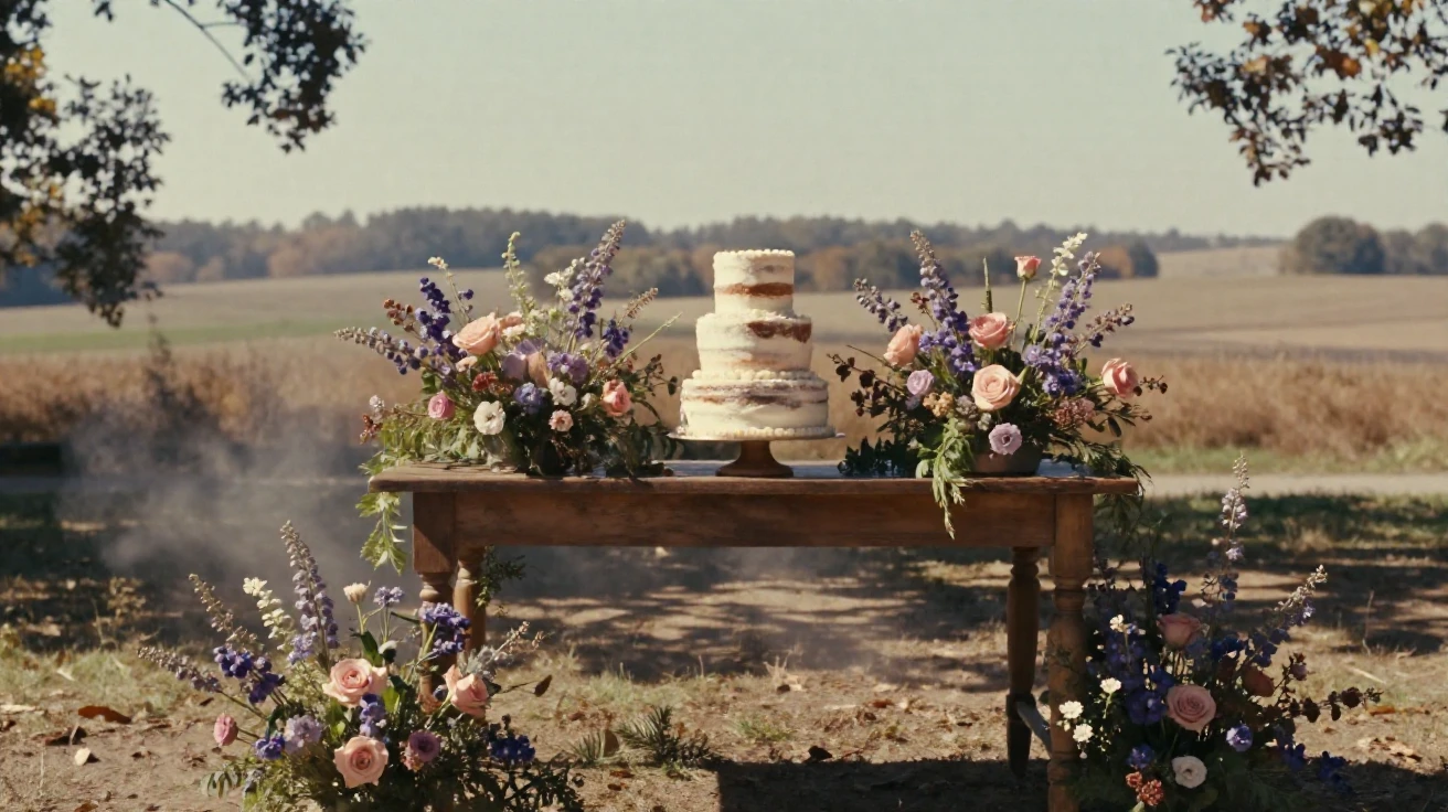 A wedding cake table decorated with fresh wildflowers, under harsh midday sun, as mist rises off the ground, in the mild days of early autumn, in dusty lavender and rose tones, from behind, looking toward the horizon.