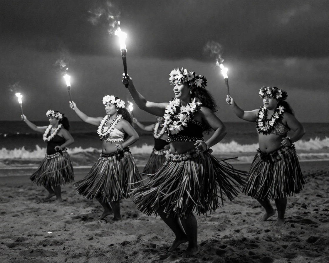 A group of Hawaiian dancers perform a traditional hula on a torch-lit beach.