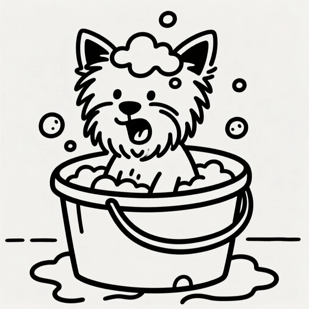A yorkie getting a bath in a bucket, covered in soap bubbles.