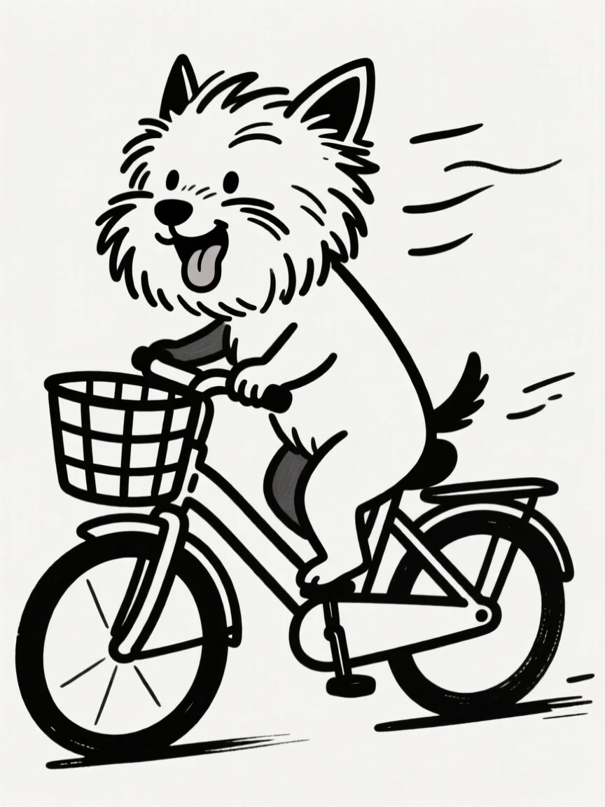 A yorkie riding in a bicycle basket with its tongue out and wind in its fur.