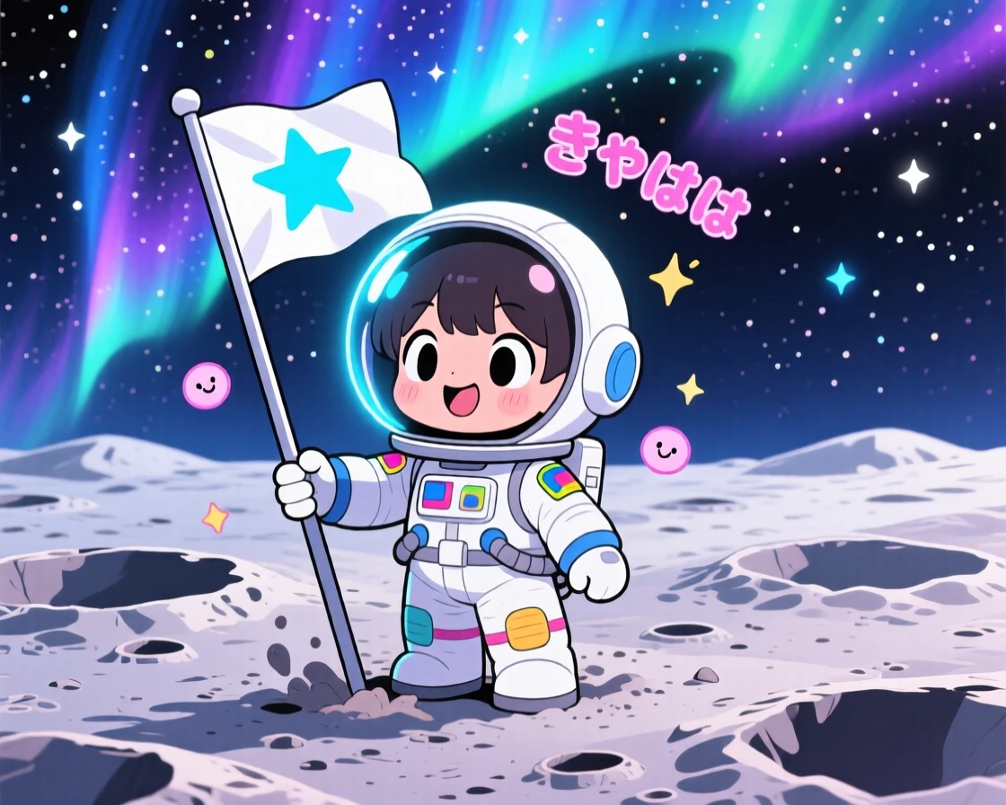 A junior astronaut planting a flag on a cratered moon surface in a starlit lunar landscape beneath swirling aurora-lit skies; neon-lit glow washes over the scene as giggling amusement fills the moment. Full-body shot.