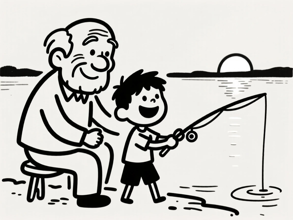 A grandfather and grandson fishing together at a quiet lake at sunrise.