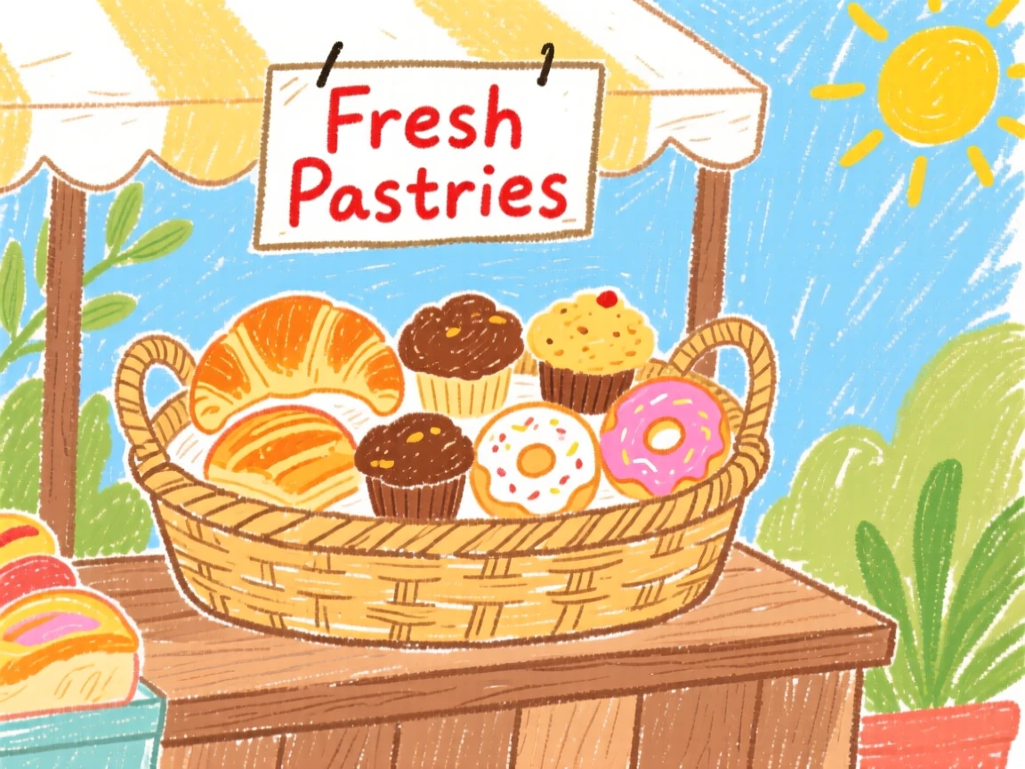 A basket of pastries displayed at a sunny farmers market stall.