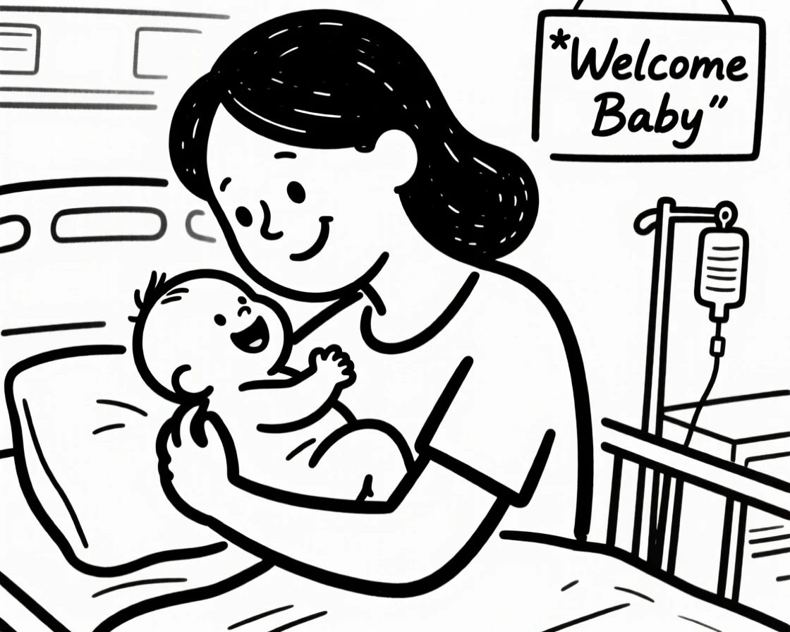 A mother and her newborn baby sharing a tender first embrace in a hospital room.