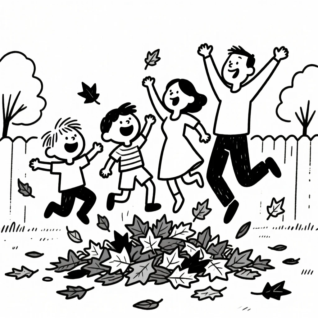Kids and parents jumping into a pile of autumn leaves together in the backyard.