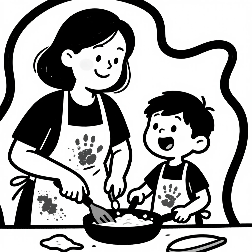 A mother teaching her son to cook his first meal, flour handprints on both aprons.