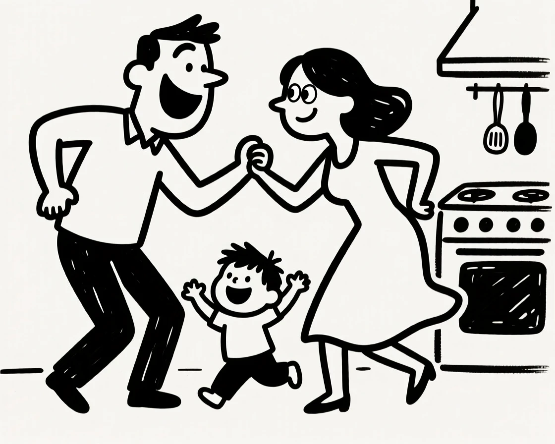 A dad and mom slow dancing in the kitchen while their toddler dances between their legs.