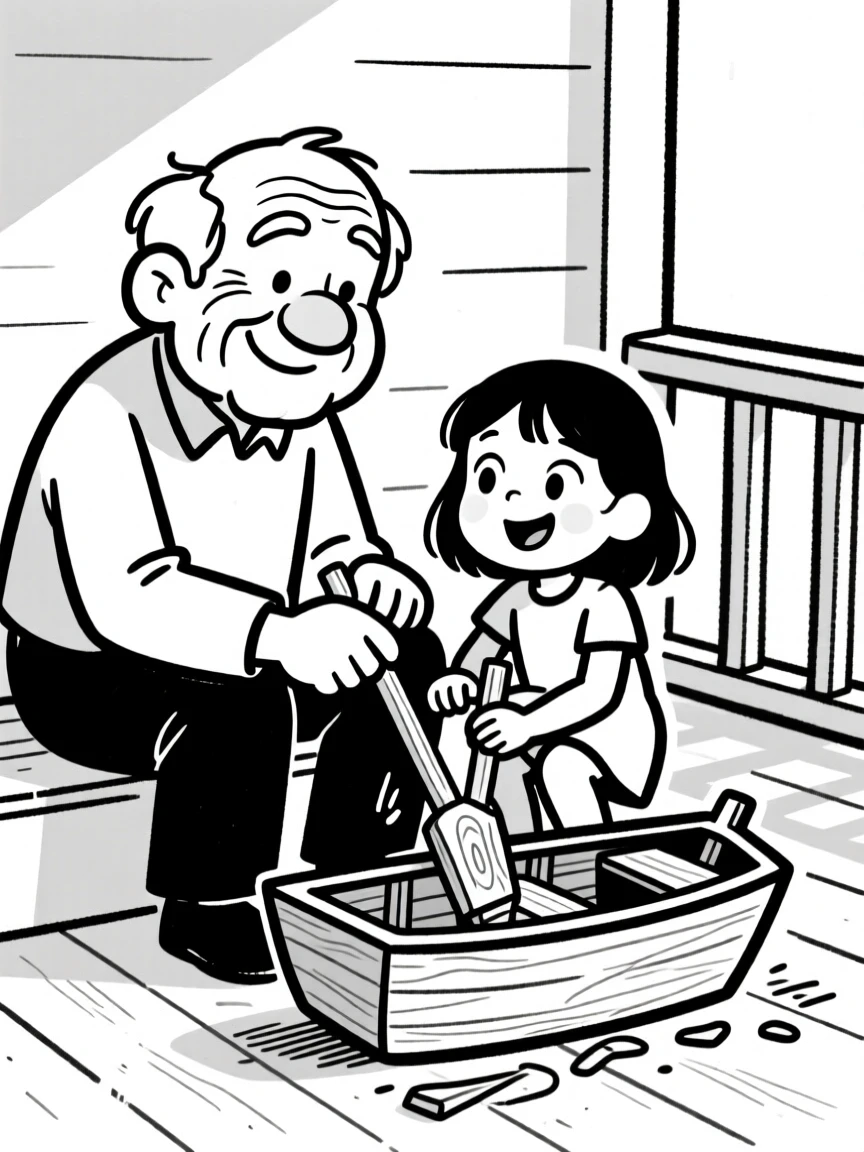 A grandfather teaching his granddaughter to whittle a small wooden boat on the porch.