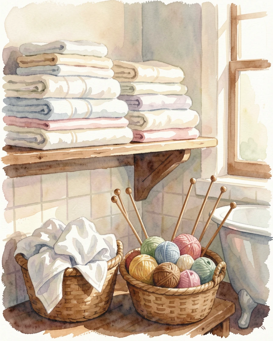A laundry room with baskets and folded linens with a basket of yarn and knitting needles.