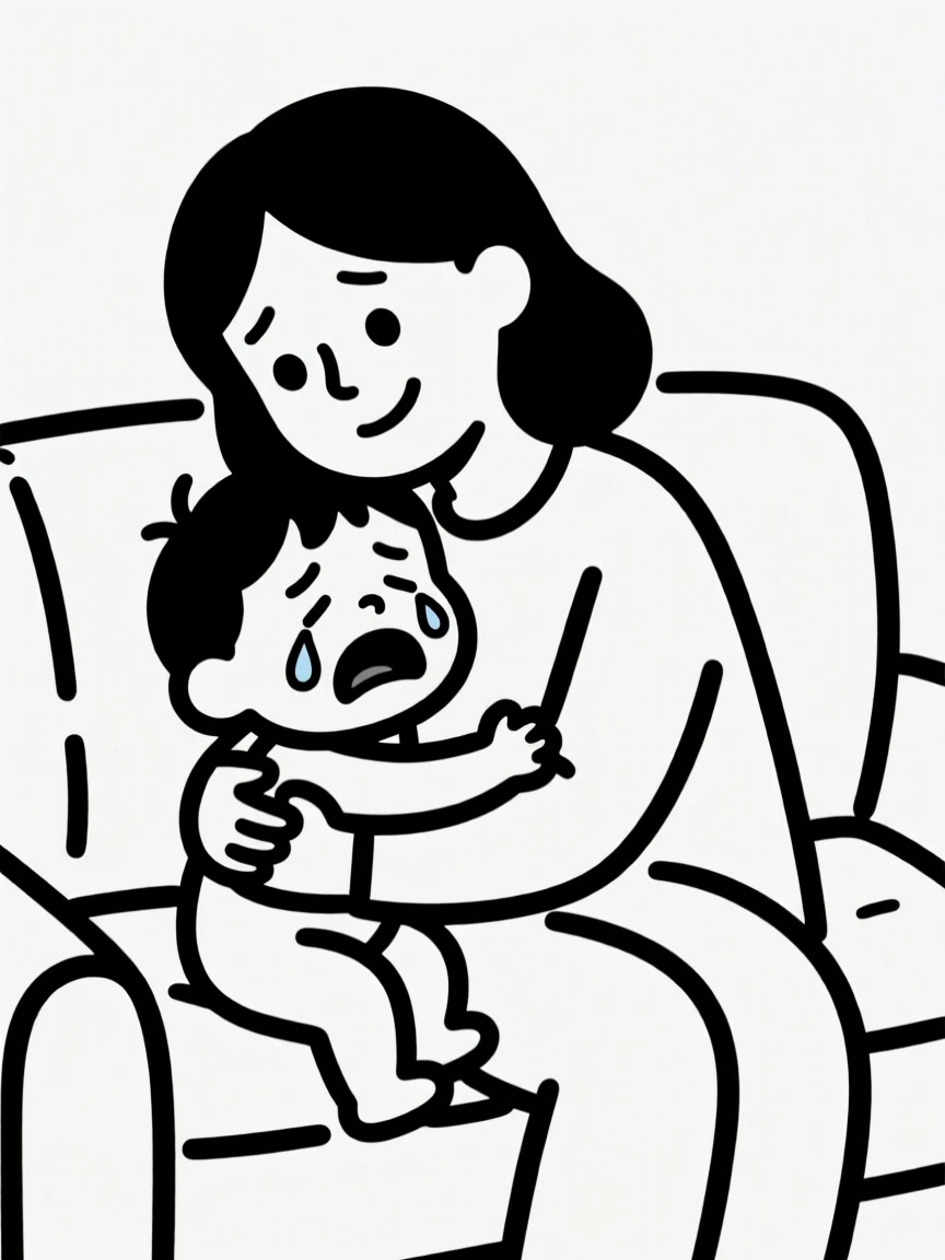 A mother comforting a crying toddler with a warm hug on the couch.