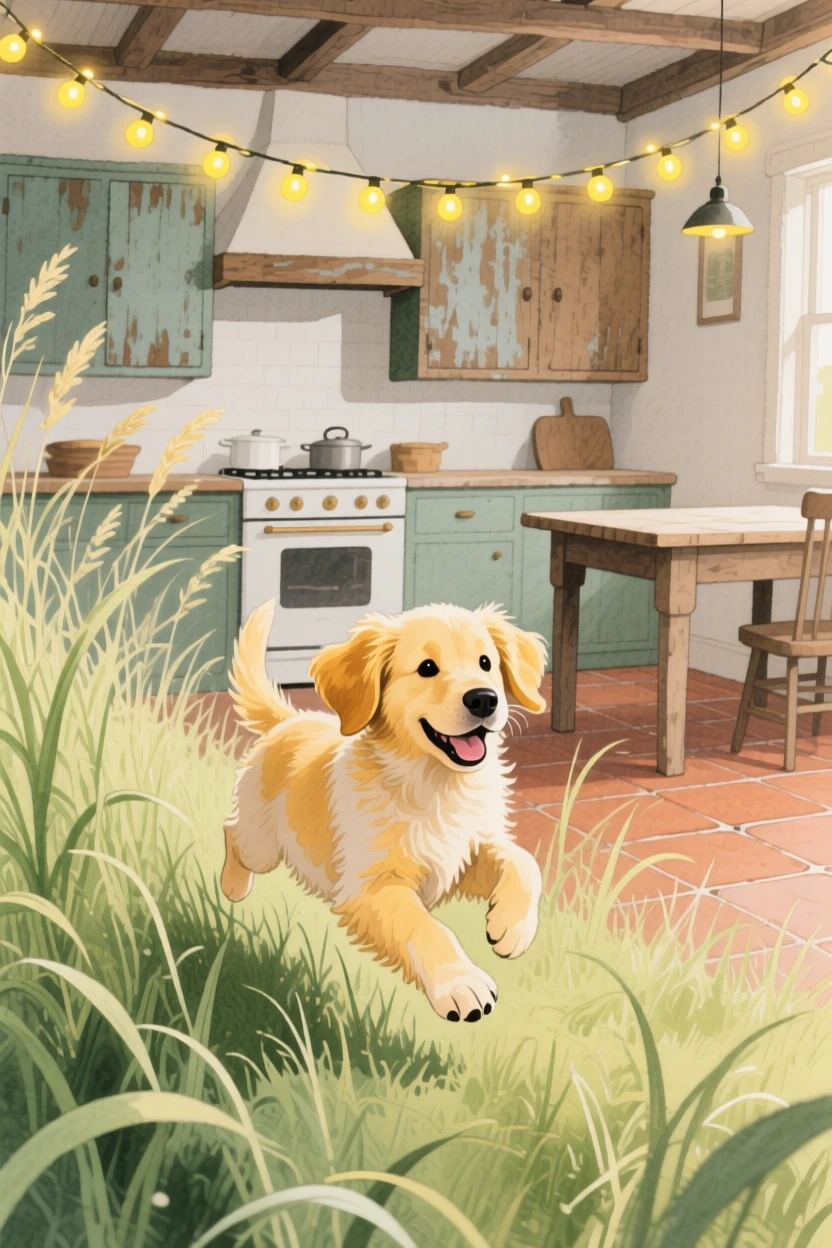 A golden retriever puppy hops through tall grass in a rustic farmhouse kitchen, with a string of fairy lights glowing above