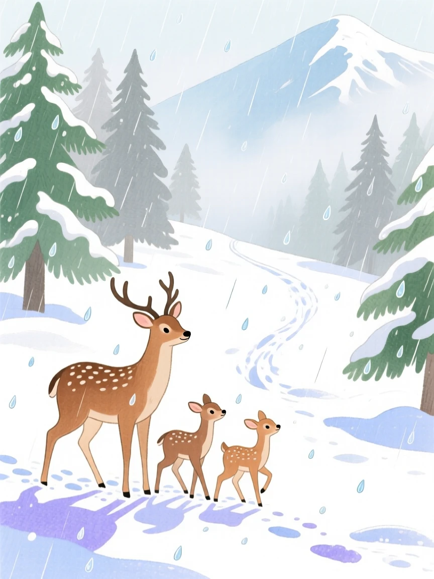A family of deer in a snowy clearing exploring a misty mountain trail during a gentle rain.