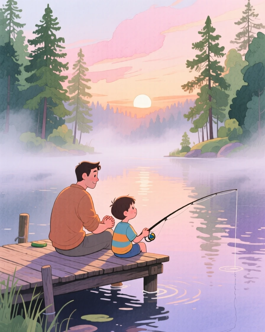 A father and son fishing off a wooden dock as the sun rises, in a misty lake surrounded by pine trees, with hands clasped together tightly, a quiet moment of connection and teaching.