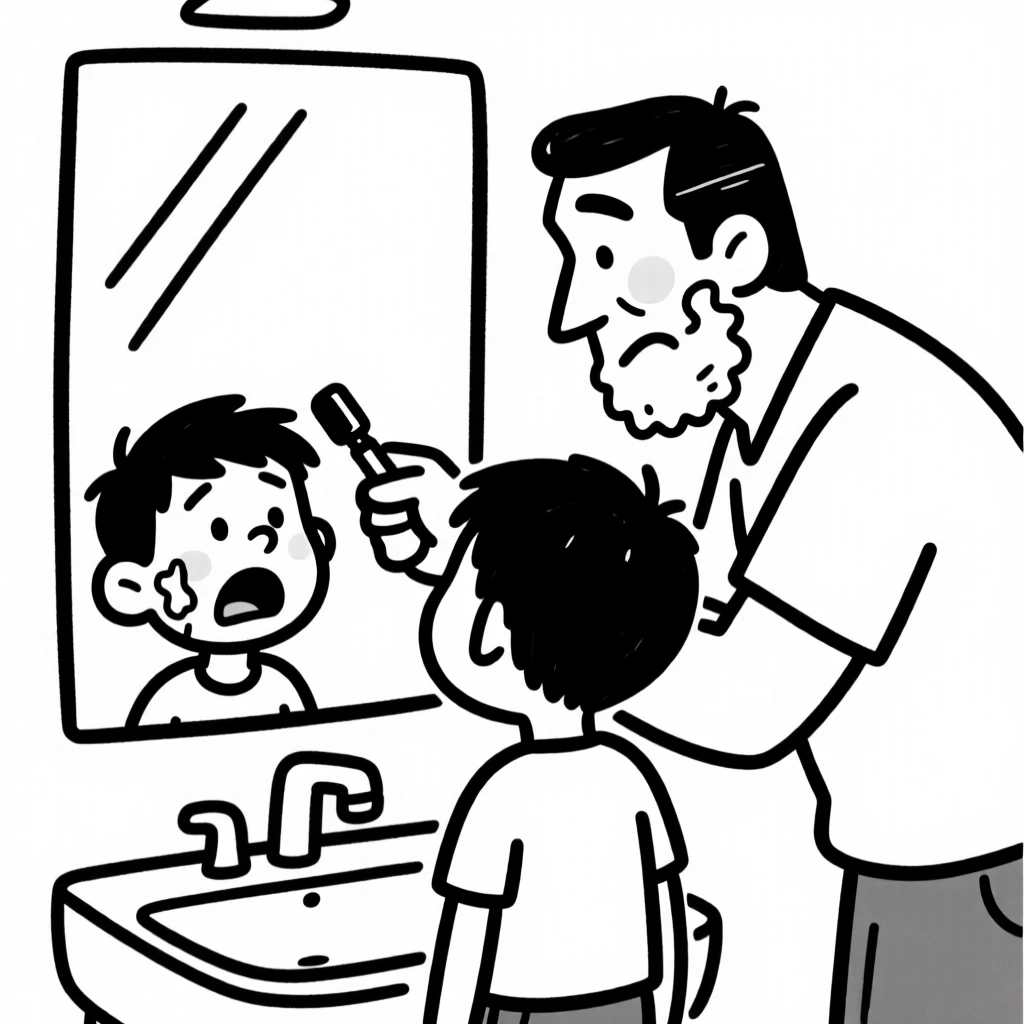 A father teaching his son to shave for the first time in front of a bathroom mirror.