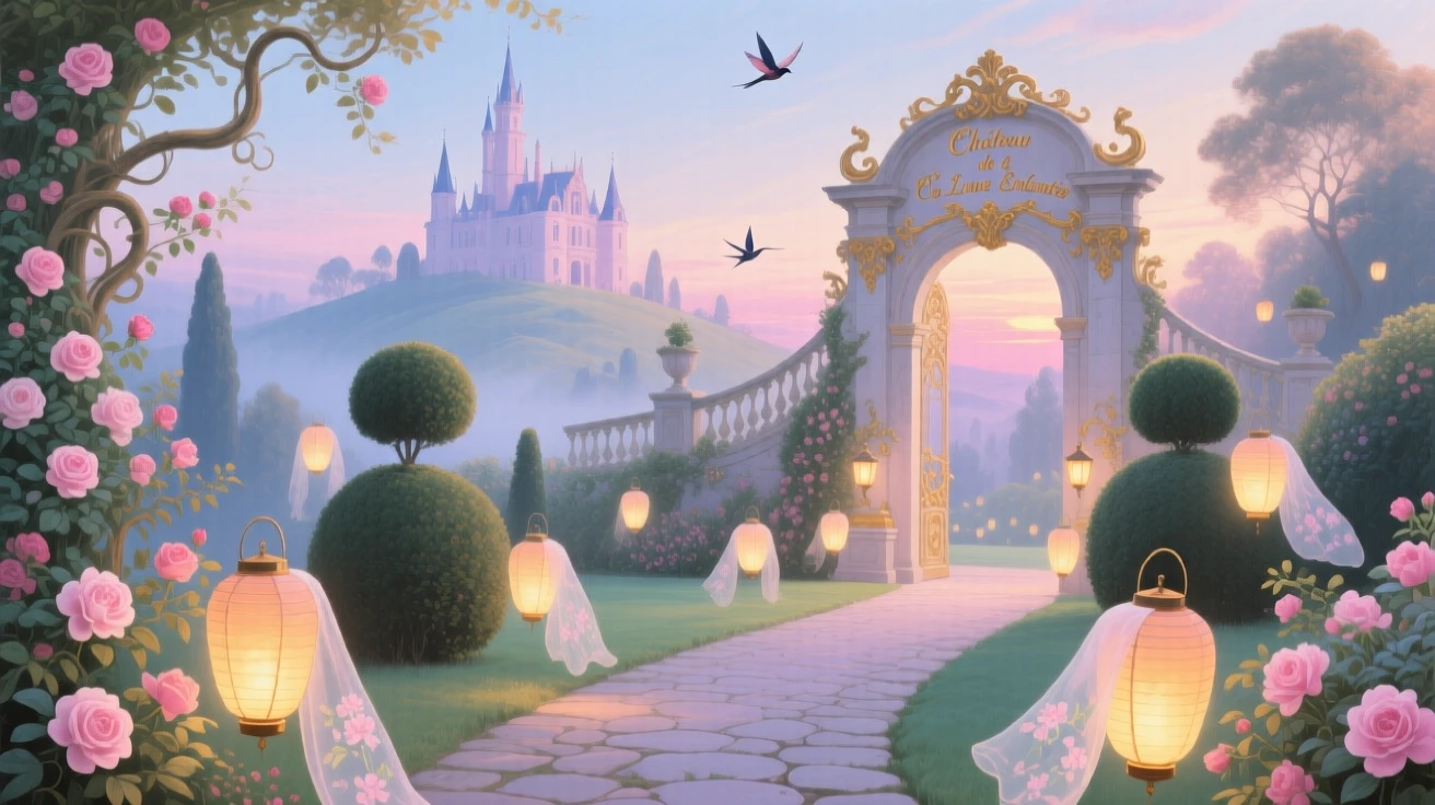 A garden of floating lanterns leading toward a distant enchanted castle  