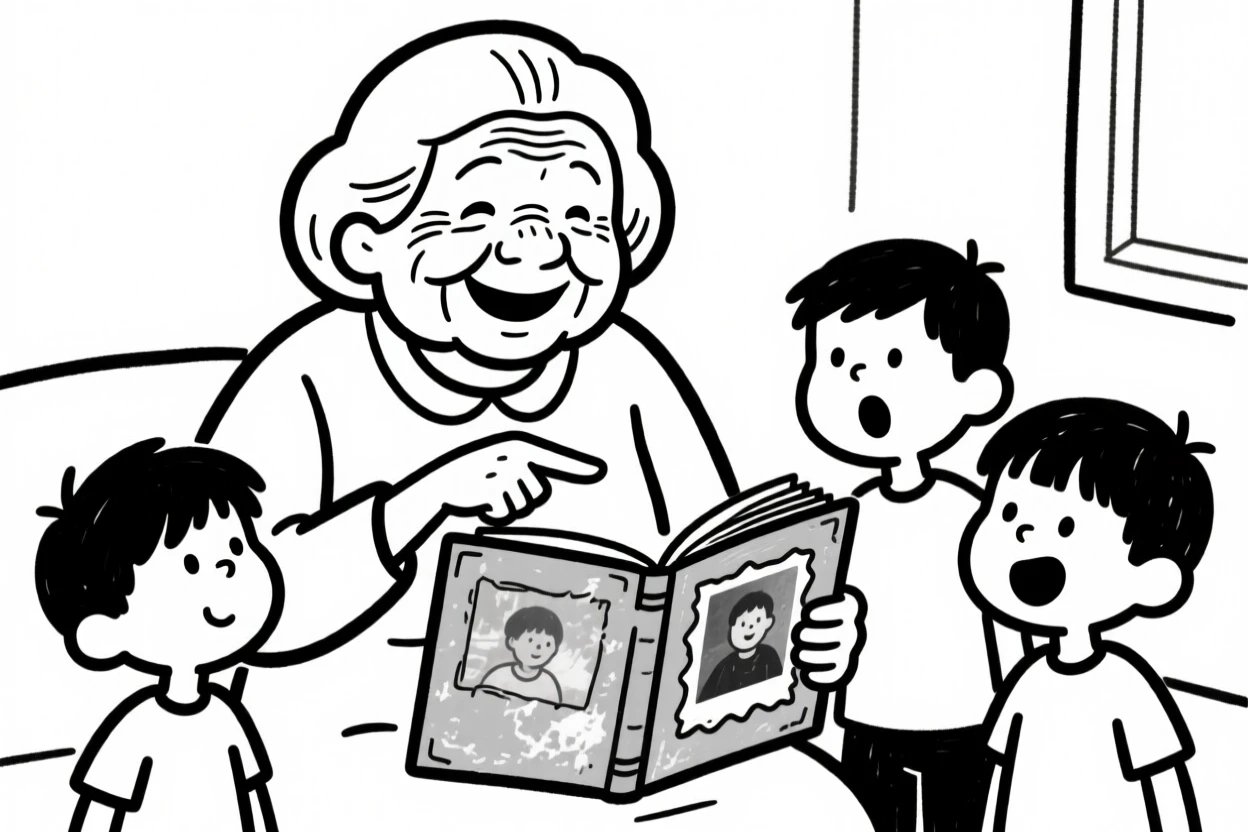 A grandmother showing her grandchildren an old photo album, pointing at faded pictures.