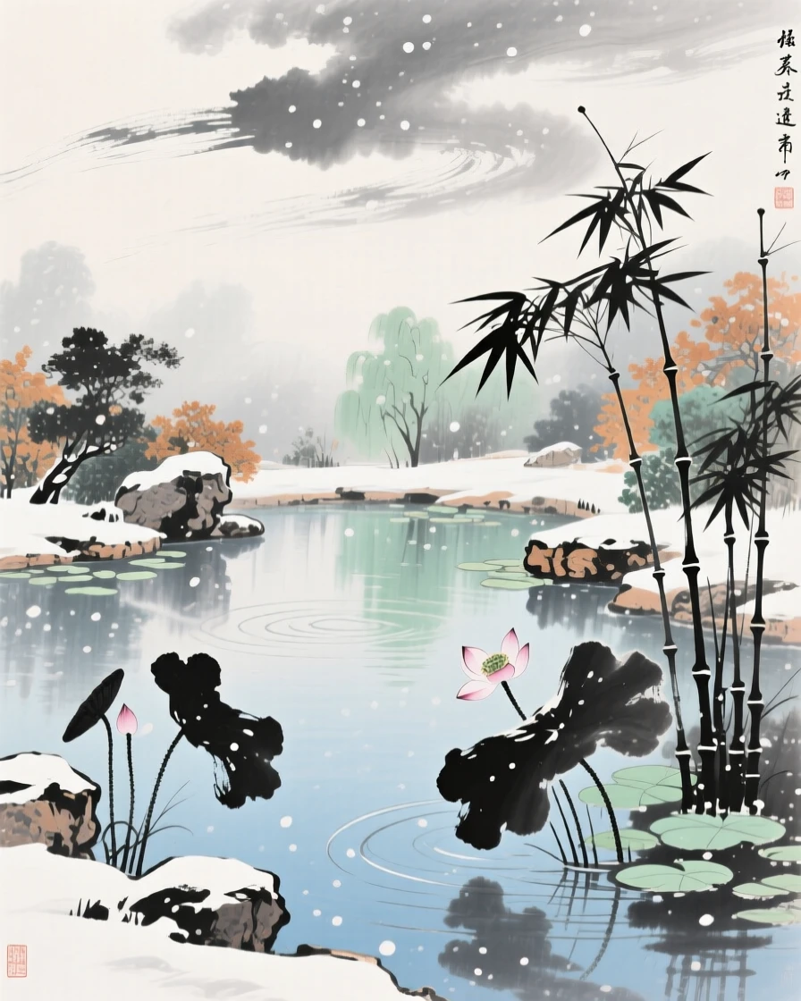 The stillness of a garden pond just before the first snow falls, as morning mist begins to lift, under a sky streaked with clouds.