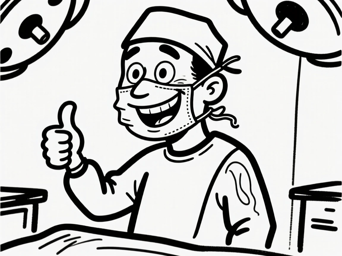 A surgeon giving a thumbs up in the operating room after a successful surgery, mask pulled down.