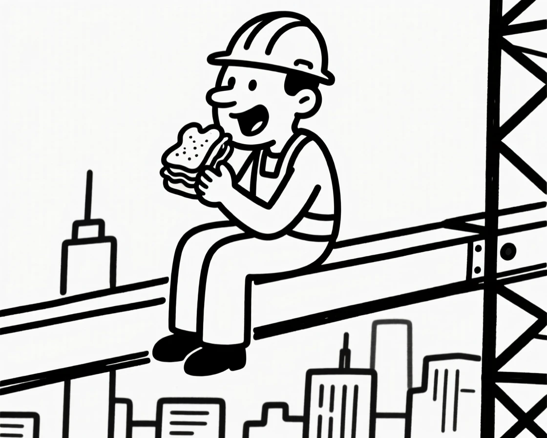A construction worker eating a sandwich while sitting on a steel beam high above the city.