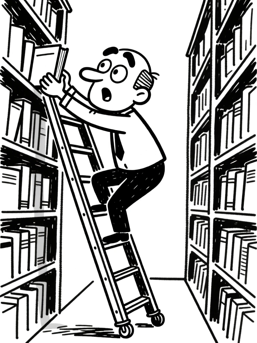 A librarian perched on a rolling ladder reaching for a book in a towering library.