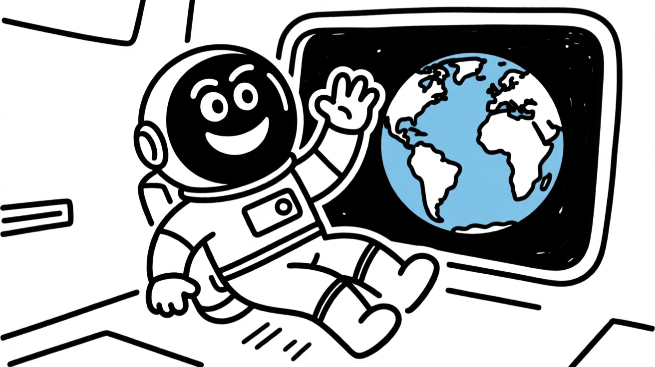 An astronaut floating inside a spacecraft, waving at the camera with Earth visible through the window.