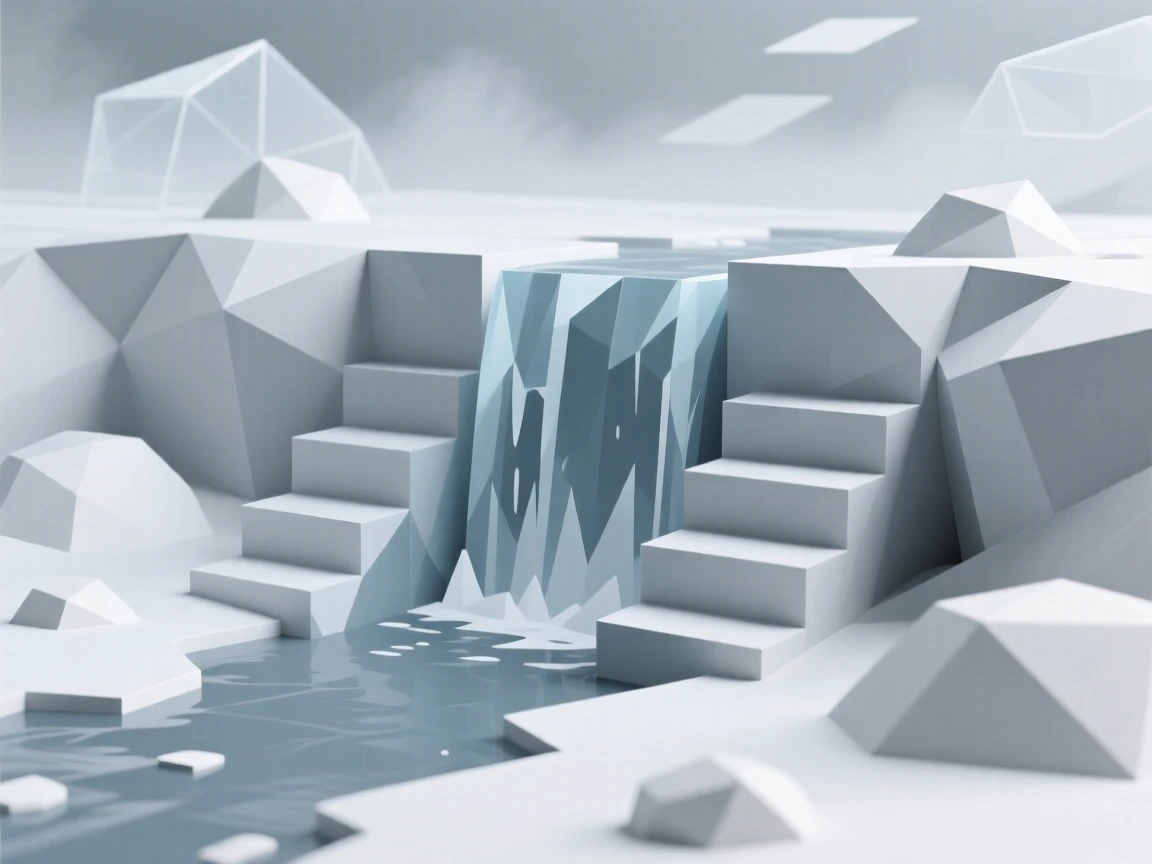 A frozen waterfall encased in ice, beneath a blanket of soft snowfall. fine atmospheric haze adds depth to the distance. It evokes a feeling of pure tranquility.