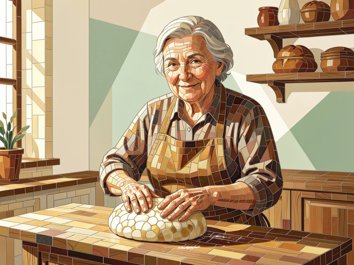 A warm, expressive portrait of a grandmother baking bread in a warm rustic farmhouse kitchen, with soft natural lighting and rich emotional detail.