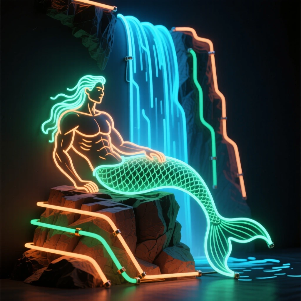 A merman resting on a rocky outcrop beneath a cliffside waterfall.