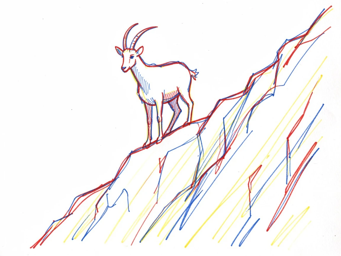 A mountain goat balancing effortlessly on a steep rocky cliff face