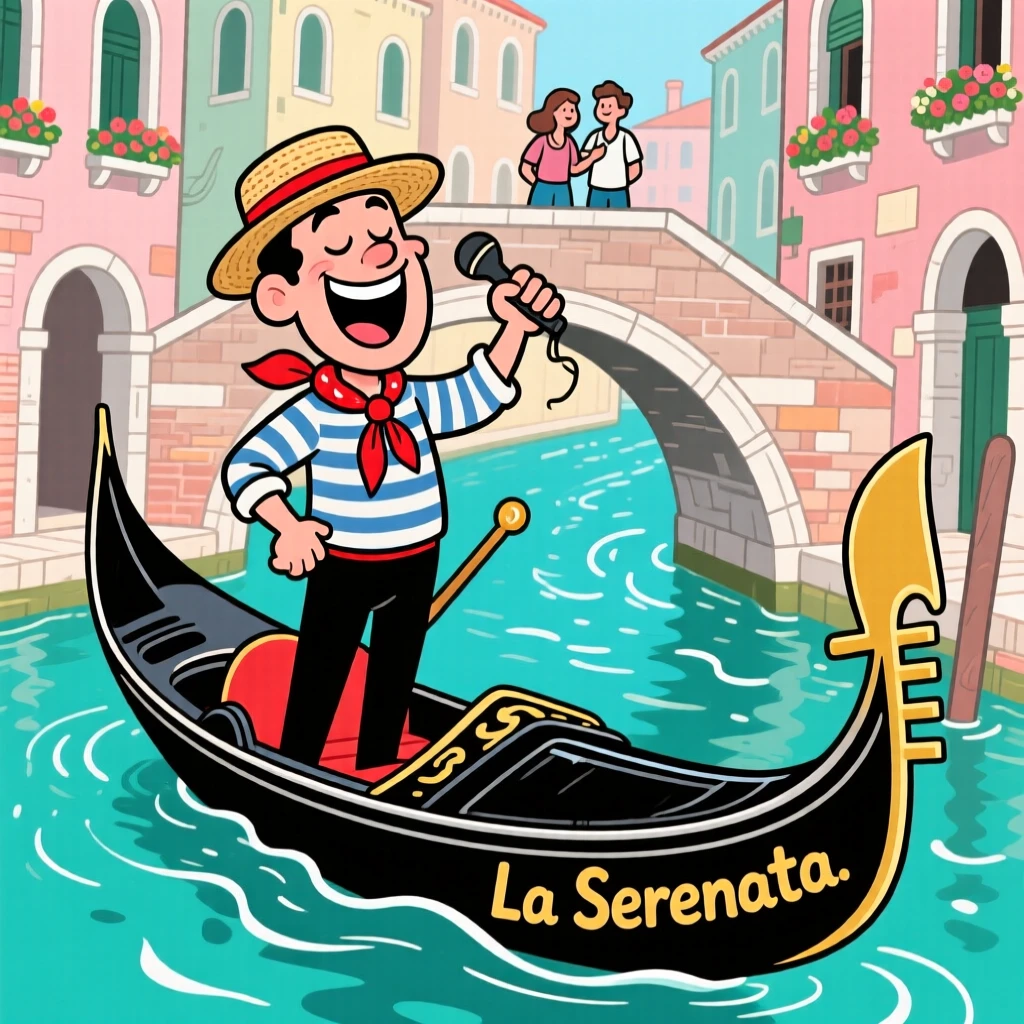 An iconic travel scene featuring a gondolier singing cheerfully as he steers a boat through the winding canals of Venice.