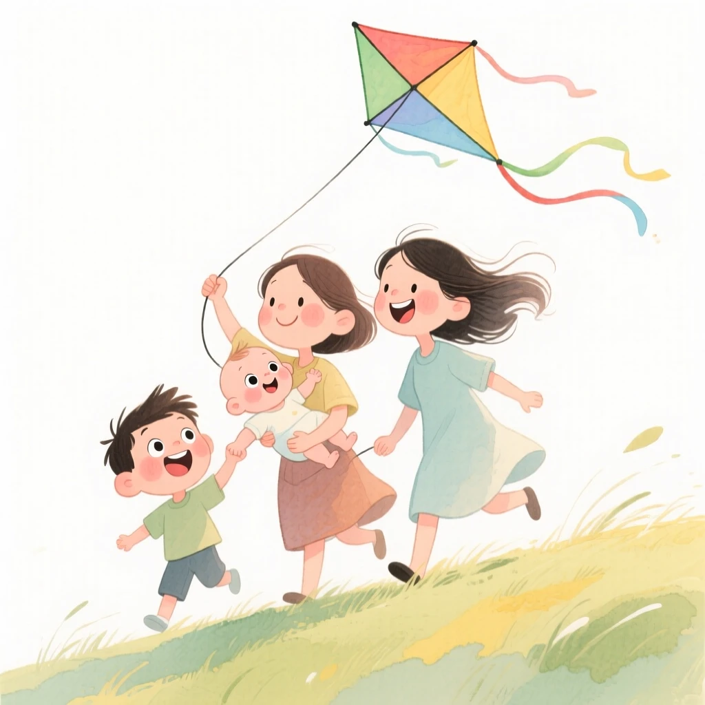 A family with a new baby flying a kite together on a windy hill