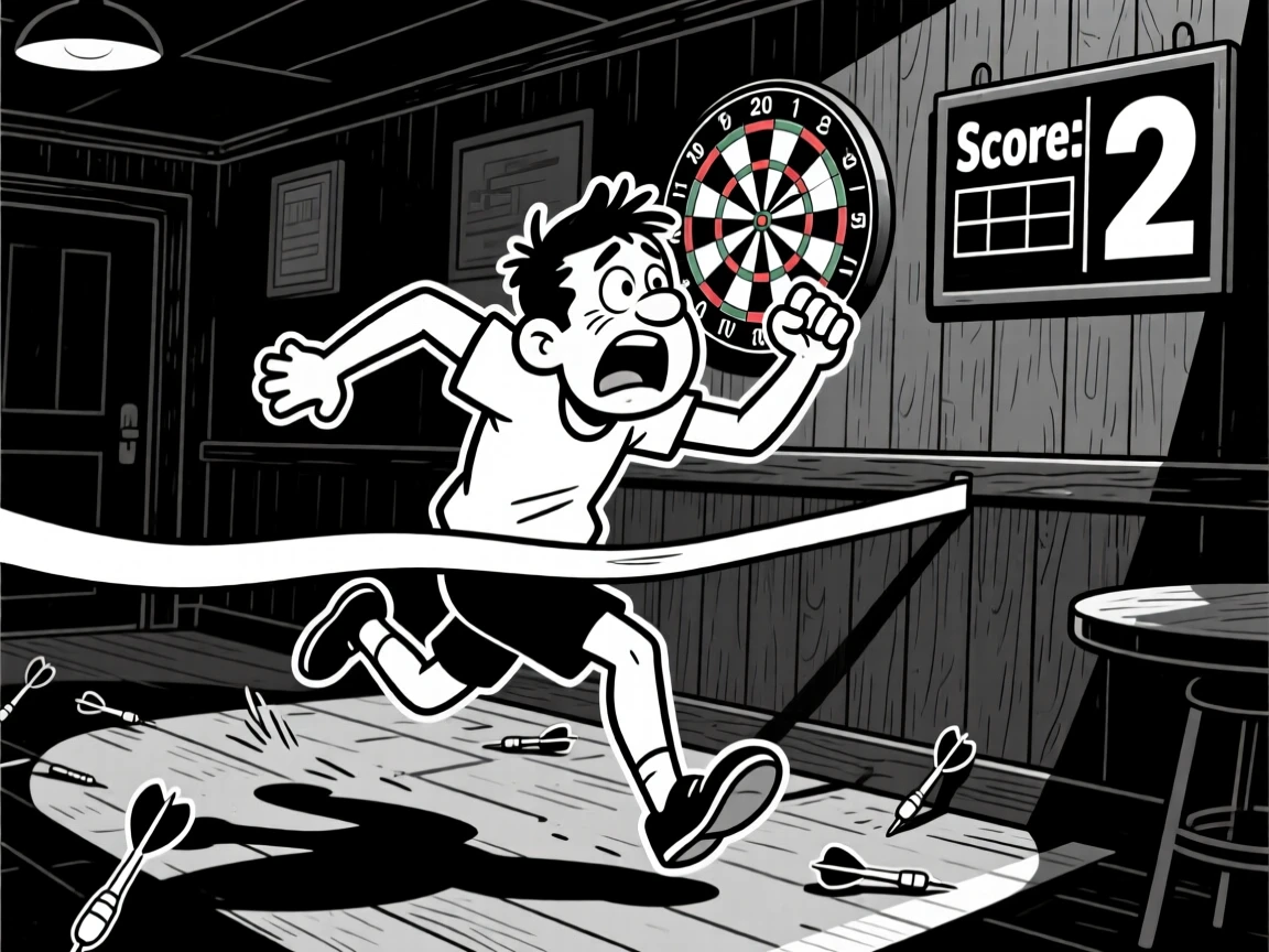 A runner crossing a finish line with arms flung wide, leaning into the screen as if that alone might win the game, set at a dimly lit pub dartboard. A scoreboard nearby shows an embarrassingly low number. The moment captures determination with a comic twist.