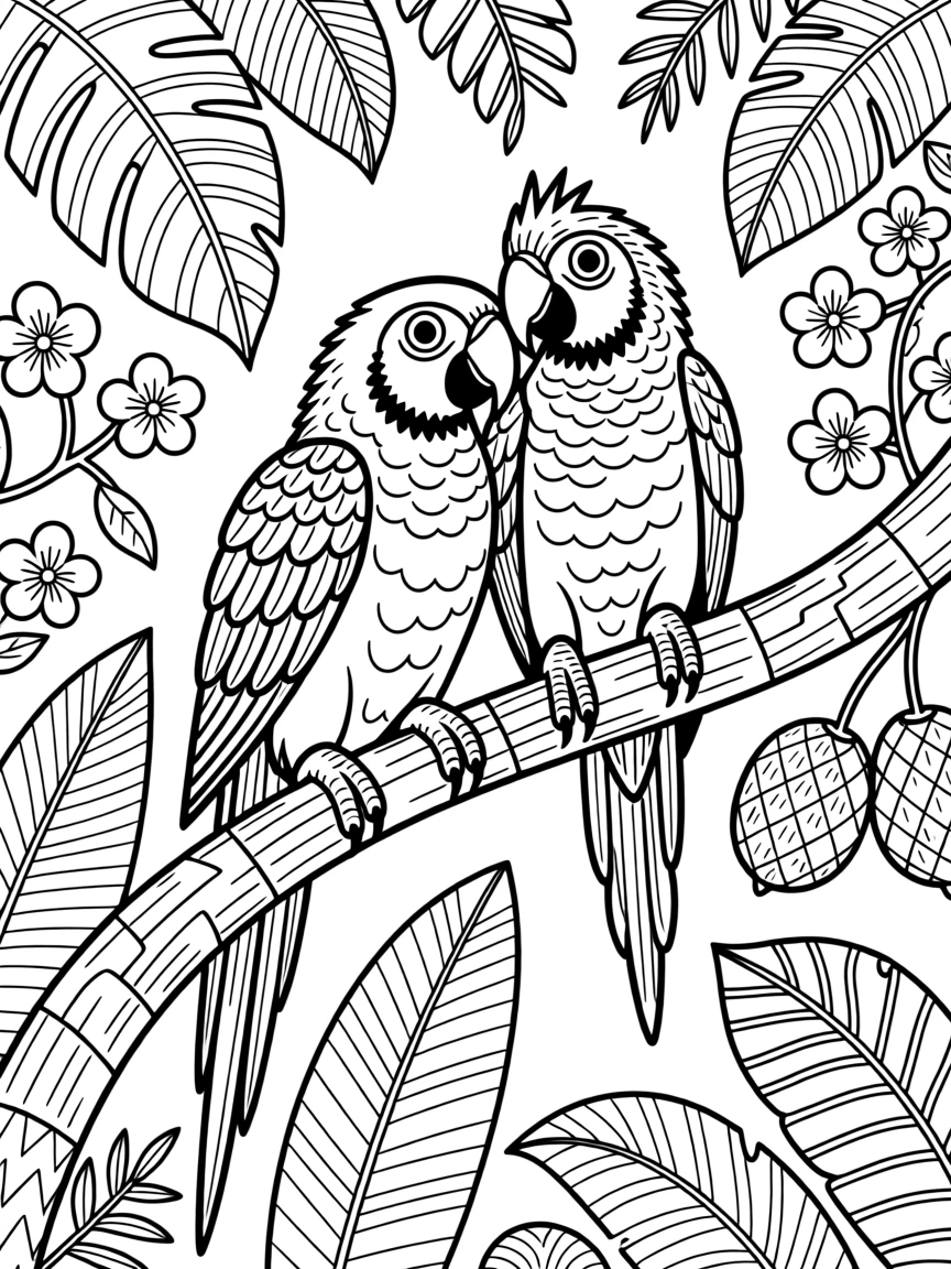 A pair of parrots perched together on a jungle vine.