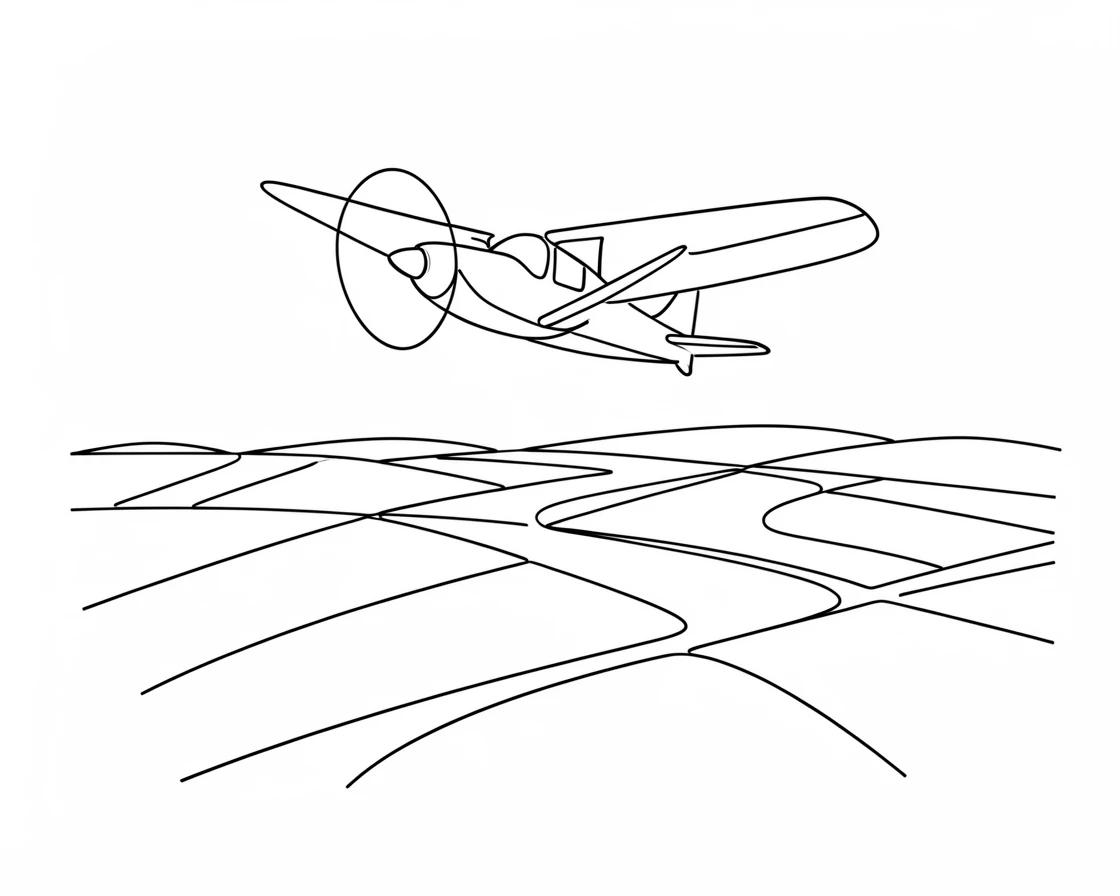A small propeller plane flying low over a patchwork of farmland