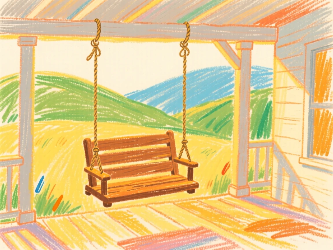 A view of a porch swing in golden light framed by distant rolling hills.