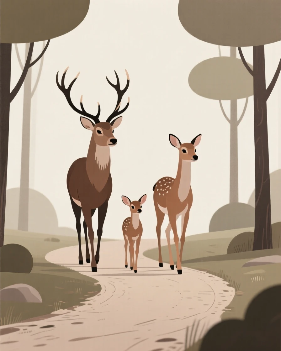 A family of deer walking together along a quiet forest trail.
