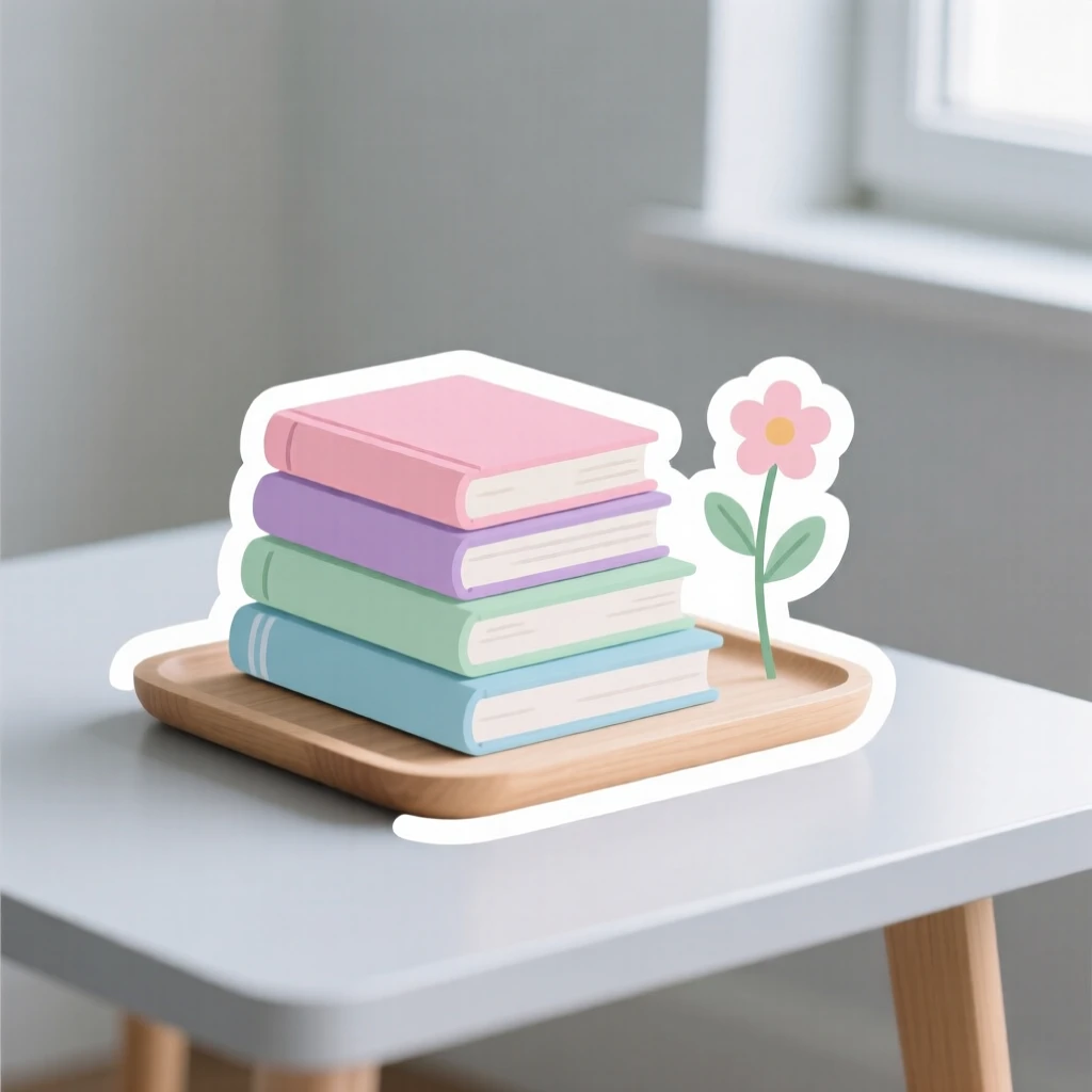 A delightfully simple stack of pastel books, placed on a wooden tray with a small flower, in a minimalist Scandinavian-style room.