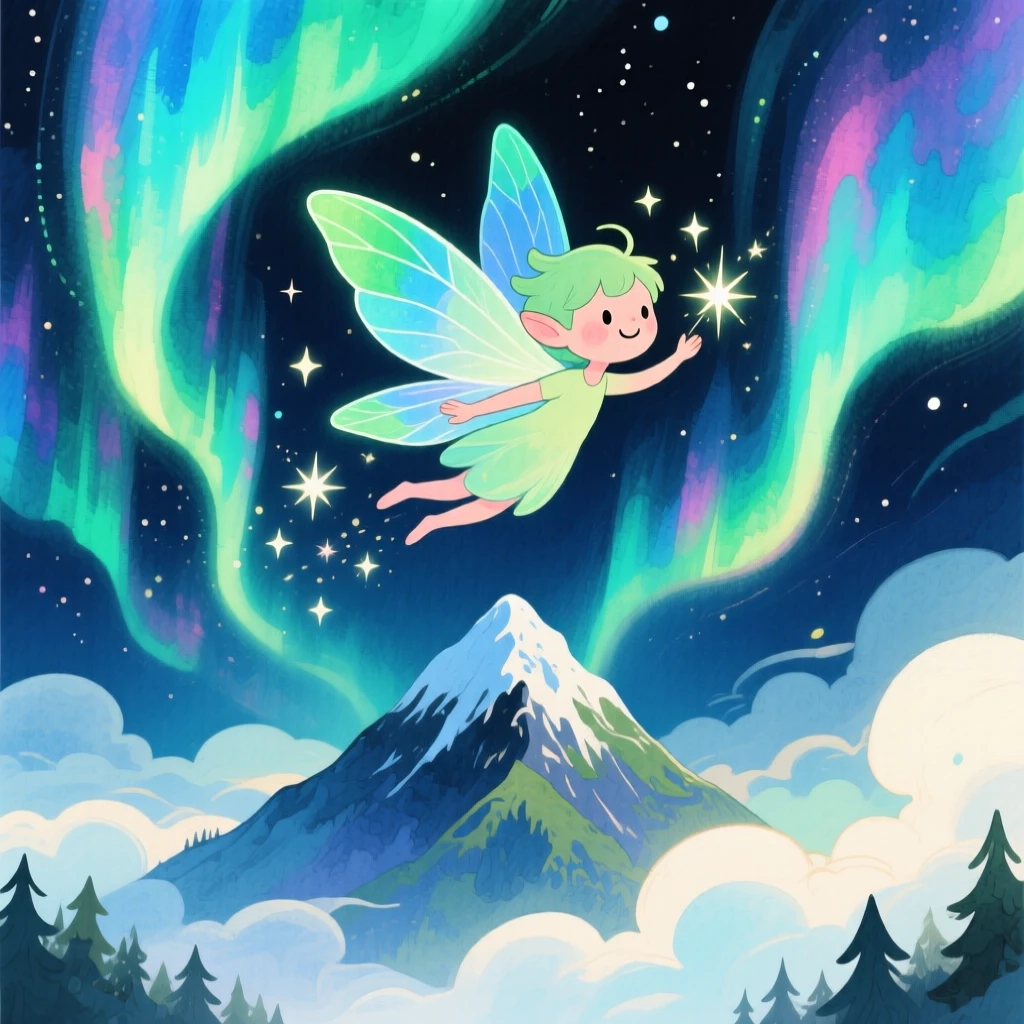 A friendly forest spirit flying through a sky painted with the northern lights, in a mystical mountain peak wrapped in clouds, sparking pure childlike delight.