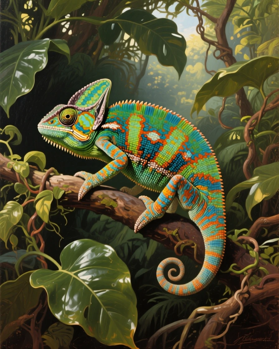 A colorful chameleon perched carefully on a leafy jungle branch, its posture radiating quiet strength and dignity, showing the animal in its truest, most authentic element