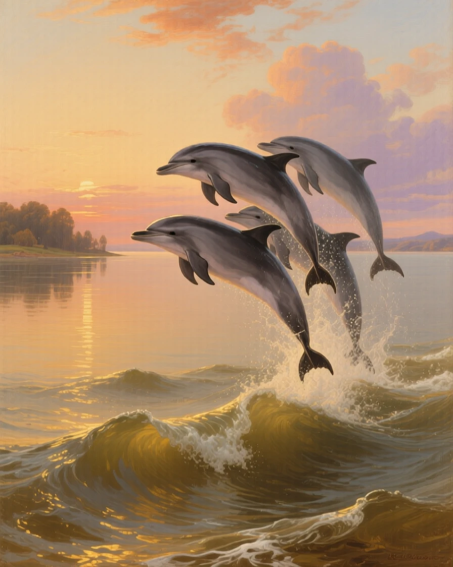 A pod of dolphins leaping through golden evening waves in a fleeting instant of natural beauty rarely witnessed, set beside a still lake reflecting a painterly sky, with reflections in still water doubling the beauty of the moment; the animal is placed off-center to leave room for the vast, breathing landscape, filled with gentle warmth and admiration for living creatures.